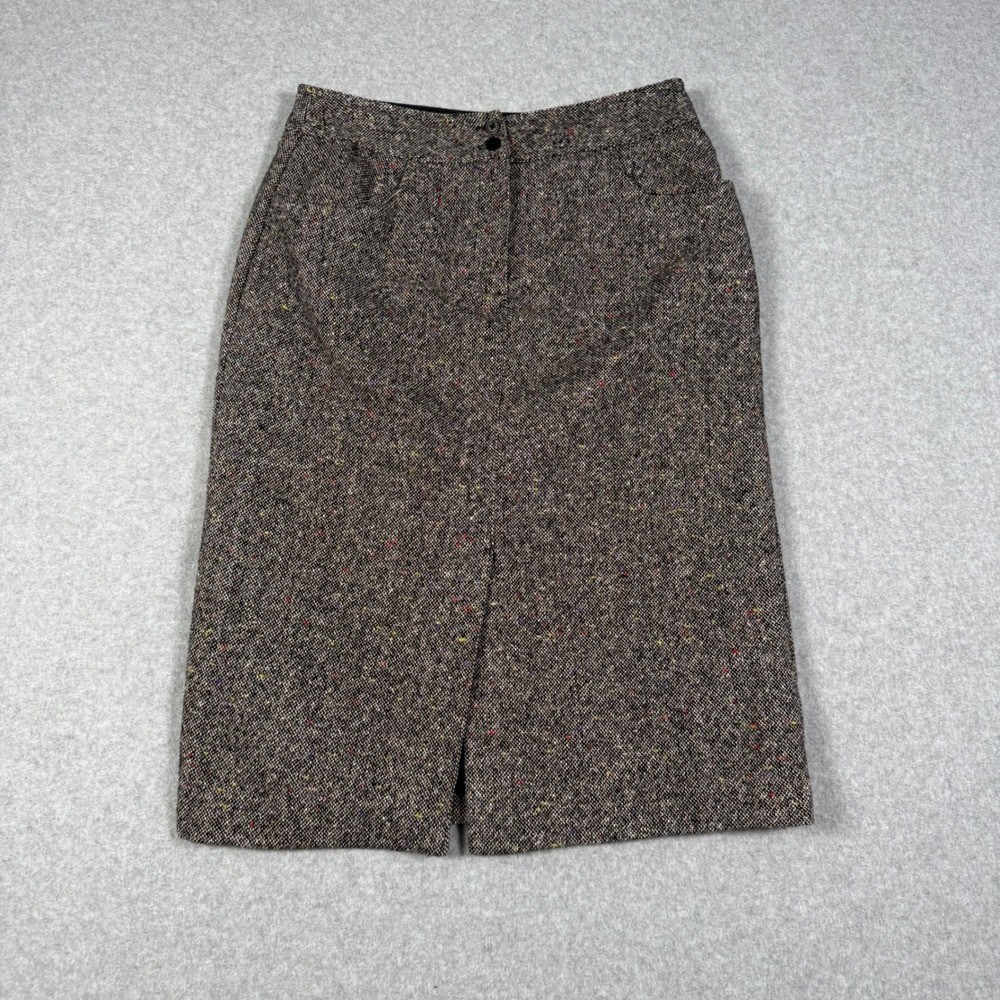 Vintage Talbots Brown Confetti Tweed Wool Blend Pencil Skirt Front Slit Size 8